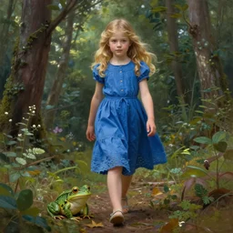 a beautiful detailed intricate photorealistic painting of a young blond girl in a blue dress woman walking through a forest. there is a cute frog on the ground by her feat. vibrant. beautiful. photorealistic. hd. hq. trending on arstation.
