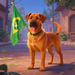 beautiful picture of stray, Stray caramel dog and a green and yellow flag in the streets of Brazil | Rhodesian Ridgeback | glowing colors, fantasy art, trending on artstation, cgsociety, nice composition, great fantasy mood, classic Disney mood