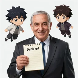 benjamin nethnyahu holding a death note smiling while a ryuk is hovering next to him - n 6