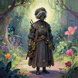 black granny in steampunk vaporwave courtyard garden. complementary colors, gouache, indie concept art, bloom, chiaroscuro, backlighting, intricate details.