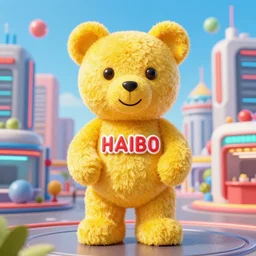 portrait of haribo bear in future city, color and sha