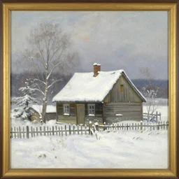 “ a painting of a little cottage in the snow, 1 9 2 0 s painting by famous artists. ”