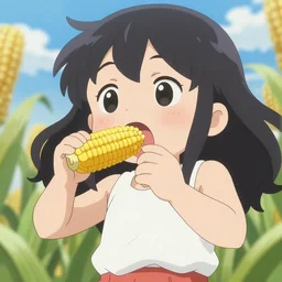 kawaii girl eating corn, epic cinematic still, dynamic perspective, anime style