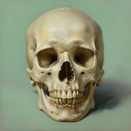 a portrait of an old skull, pale green background, oil painting