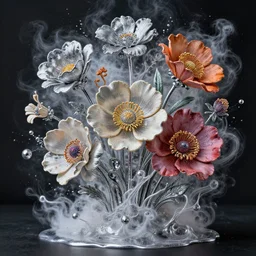 beautiful intricately detailed flowers made of liquid mercury and exploding liquid nitrogen, in a vibrant fine detailed modern fine art style by Marc Quinn and Damien Hirst