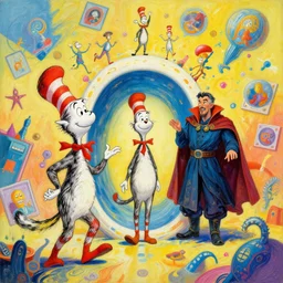 a beautiful painting of the third first image on the scattered absurdity server, dr seuss, and dr strange, very pretty, portal hopping and time warping with wild reckless abandonmade, colorful, contrast, 3 d scene, greg rutkowski, zabrocki, karlkka, jayison devadas, artstation, 8 k, centred, maximalist