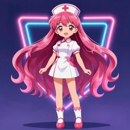 anime style, vivid, expressive, full body, 4 k, painting, a cute magical girl with a long wavy hair wearing a nurse outfit, stunning, realistic light and shadow effects, neon lights, centered, simple background, studio ghibly makoto shinkai yuji yamaguchi