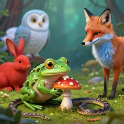 a little frog eating mushroom, red rabbits, white owls, blue foxs, digital art, ultra sharp, extreme details, snakes, ultra detailed