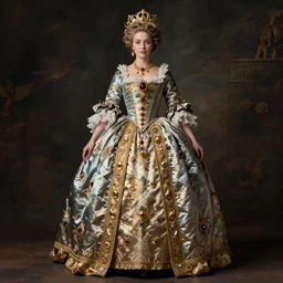 hyper realistic photo of baroque luxury fashion queen full body, symmetric, rule of thirds, cinematic, artstation, cgsociety, greg rutkowski, james gurney brom
