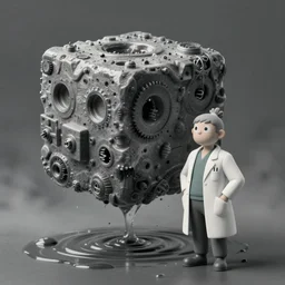 hyperrealist cell - shaded studio ghibli cartoon of a grey scientist and a flooded, moody, misty, floating cube from howl's moving castle ( 2 0 0 4 ).