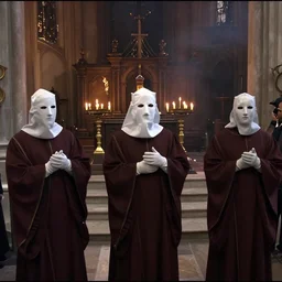 cultists dressed in robes with masks and gloves, burnt church interior, ceremonial, realistic photo, cctv footage, investigative footage