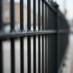 close - up photograph of a city fence, shallow depth of field, dof, macro