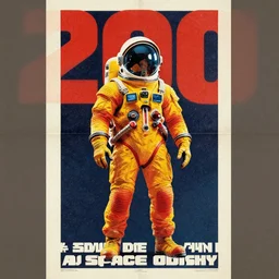poster art, movie poster, retrofuturism, sci - fi, textured, paper texture, 2 0 0 1 : a space odyssey by edward valigursky, red and yellow space suits