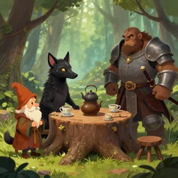 fantasy illustration of a manticore at a tea party with a gnome wizard and and ogre knight of the realm.  Setting is a forest.  Table is a tree stump with a kettle on top
