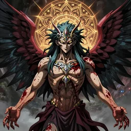 4K headshot of godlike mothman with defined arms and open hands and bloody clothes with giant mandala wings , intricate face , flawless anime cel animation by Kentaro Miura, psychedelic , highly detailed upper body , professionally post-processed , beautiful, scary, symmetry accurate features, epic, octane rendered, anime masterpiece, accurate