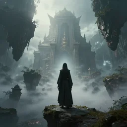 ' high - tech space cult witch looking at floating islands while, foggy of a ancient temple in temple dramatic lighting, epic, octane render, volumetric light, unreal engine, artbreeder, 8 k, background, scene, digital, artwork, high quality, 8 k''