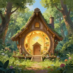 a beautiful outdoor painting about a fairy wooden house, an inner glowing elf wooden house with a circular element design, popular on art stations, authors oliver werther and richard wright, trichotomy, 8 k resolution, unreal engine, mayan rendering, detailed, wide - angle lens, two - point perspective, the environment is a beautiful forest with flowers and birds, sunny summer, light effects, surrounding