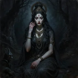a cinematic masterpiece dark gothic portrait of exotic mystical gothic hindu nymph, fear despair sorrow and misery, midnight, from ramayan, by tim hildebrandt, by wayne barlowe, by bruce pennington, by zdzisław beksinski, oil on canvas, masterpiece, trending on artstation, featured on pixiv, cinematic composition, beautiful lighting, sharp, hyper - detailed, no frames, hd, 8 k