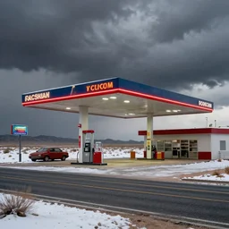 a brutalist russian gas station with foreign neon signs next to a rural road in the desert of arizona, snow, stormy weather, ultra realism, digital art