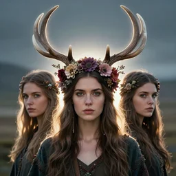 beautiful female character inspired by iceland and floral headdress pagan wiccan viking antlers headdress | | digital artwork made by greg rutswork, anna dittmann and lois van barlee, symmetrical rim light, anatomically correct
