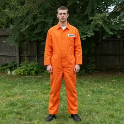 in orange prison jumpsuit standing in the yard