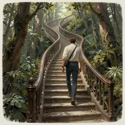 a man, walking up a steep and winding staircase. in woods. intricate, elegant, highly detailed, digital painting, artstation, concept art, sharp focus, illustration, by justin gerard and artgerm, 8 k
