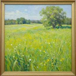 a bright oil painting of a beautiful meadow; masterpiece; extremely-detailed; by Craig Mullins