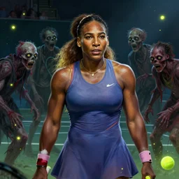 portrait of muscled Serena Williams surrounded by zombies on a tennis court, mystical lighting, fireflies bokey, highly detailed, digital painting, artstation, concept art, smooth, sharp focus, illustration, art by artgerm and greg rutkowski and alphonse mucha
