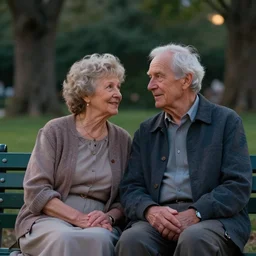 a cinematic extreme close - up of an old couple sitting on a bench in the park, disney, evening, highly detailed matte painting, telephoto lens 2 0 0 mm, by stanley artgerm lau, greg rutkowski, thomas kinkade, alphonse mucha, loish, norman rockwell, artstation