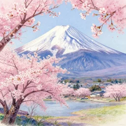 beautiful leonid afremov highly detailed pastel watercolor painting of cherry blossoms in spring with mount fuji in the background. pastel colors, featured in art magazine