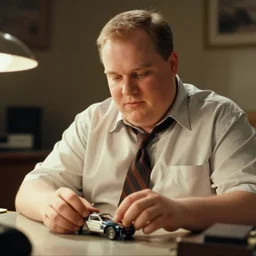 clean - shaven chubby white man wearing a shirt and necktie sitting at a desk playing with a micro machine car, playful, 1 9 8 9 movie still, cinematography, cinematic lighting