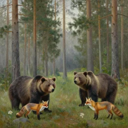 shishkin's painting, morning in a pine forest. but instead of bears there are foxes. the picture is over - detailed. canvas, oil. what is a masterpiece.