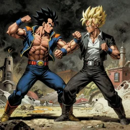 johnny sins going super sayan in a fight against saul goodman, illustrated by alex toth