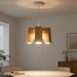 a designer lamp for the living room, hanging from the ceiling over a table, made from blocks of wood and 3 ledlights, design, hyperrealistic, 8 k