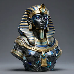 intricate holographic realistic bust sculpture of futuristic digital obese angry egyptian beautiful girl black empress, stone and glass and gold, blue and black, masterpiece