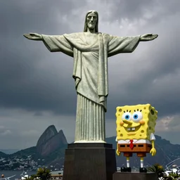 spongebob squarepants as the statue of christ the redeemer on the corcovado in rio