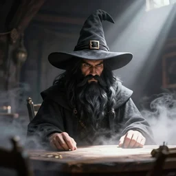 a beautiful artwork illustration, a man with long black beard and oversized wizard hat sitting at a table in a tavern, volumetric fog, godrays, high contrast, high contrast, high contrast, vibrant colors, vivid colors, high saturation, by Greg Rutkowski and Jesper Ejsing and Raymond Swanland, featured on artstation, wide angle, vertical orientation