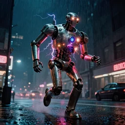 a kodachrome photo of a tall huge metallic cyborg droid with glowing lights and sparks and lightning flying from inside, running sprinting on a rainy night in the city in the 1 9 5 0's, dramatic, seen from a distance, canon 5 0 mm, cinematic lighting, film, photography, award - winning, neon, cyberpunk, blade runner