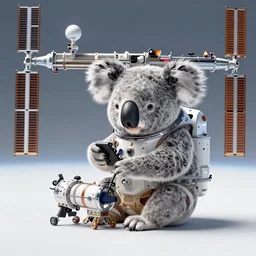 koala fixing the international space station, wide shot, panoramic view, 8 k