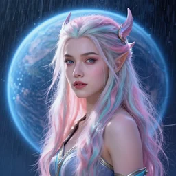 ( hyperrealist distant portrait of sylvanas windrunner on a blue planet where it rains colors. ) by noah bradley, photorealistic, dynamic lighting, beautiful, trending on artstation, wallpaper, dream, 4 k, award winning, lovely pastel colors, ethereal, elegant, cute face, handsome girl, perfect factions