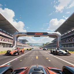 low angle wide angle shot worms eye view of a realistic futuristic vehicle racetrack finish line with confetti on a sunny day with a clear blue cloudy sky, cyberpunk, digital painting, good value control, crowded stands, rule of thirds, golden ratio, horizon line focus, sharp focus, fourze, realistic textures, waveriders, f - zero, 8 k