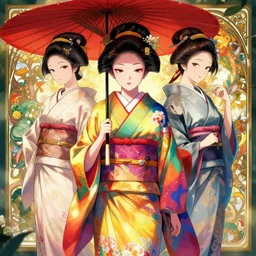 symmetry!!!!!! beautiful anime geisha holding an umbrella, garden background, wearing rainbow kimono, highly detailed, anime, dynamic lighting, digital art, digital painting, artstation, wlop, sharp focus, illustration, art by artgerm and greg rutkowski and alphonse mucha, 8 k