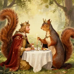king arthur wearing a crown from arthurian legend having a romantic dinner with a giant female squirrel