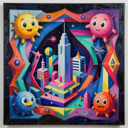 an extremely high quality hd surrealism painting of a 3d galactic neon complimentary colored cartoon surrealism melting optical illusion 4d perspective picasso Zaha hadid cityscape by kandsky and salvia dali the seventh, Salvador dali's much much much much more talented painter cousin, 4k, ultra realistic, super realistic, shadows, depth, surrealistic