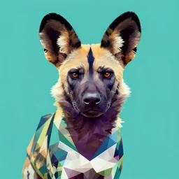 a geometric portrait of an african wild dog in teal, blue, green, white and purple, triangles, angular, abstract by andy warhol