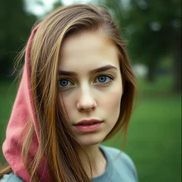 a photograph of a young woman in a park, dof, sharp focus, highly detailed face, symmetric face, realistic iris, cinestill 8 0 0 t, photography by tim walker