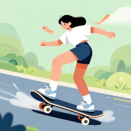 stylized illustration of a girl ridin a skateboard with one leg up and the other on the deck going fast, side view