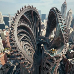a super realistic still shot of fractal buildings twisting and twirling like in the movie dr. strange