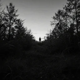 ted cruz standing alone in the distance in a dense forest landscape over a twilight sky, black and white, evil, eerie, creepy, lovecraftian