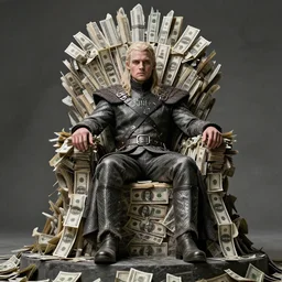 man sitting, on a throne made of money, in the style of alex ross, game of thrones